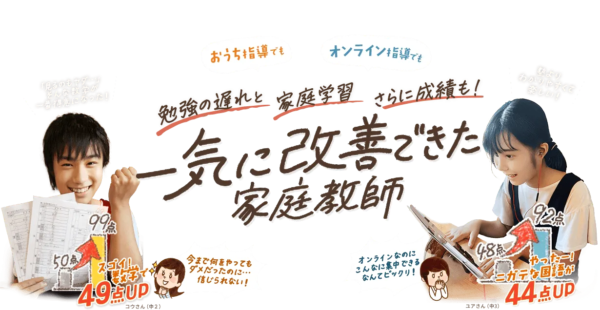 おうちでもオンラインでも、勉強の遅れと家庭学習、さらに成績も一気に改善できた家庭教師